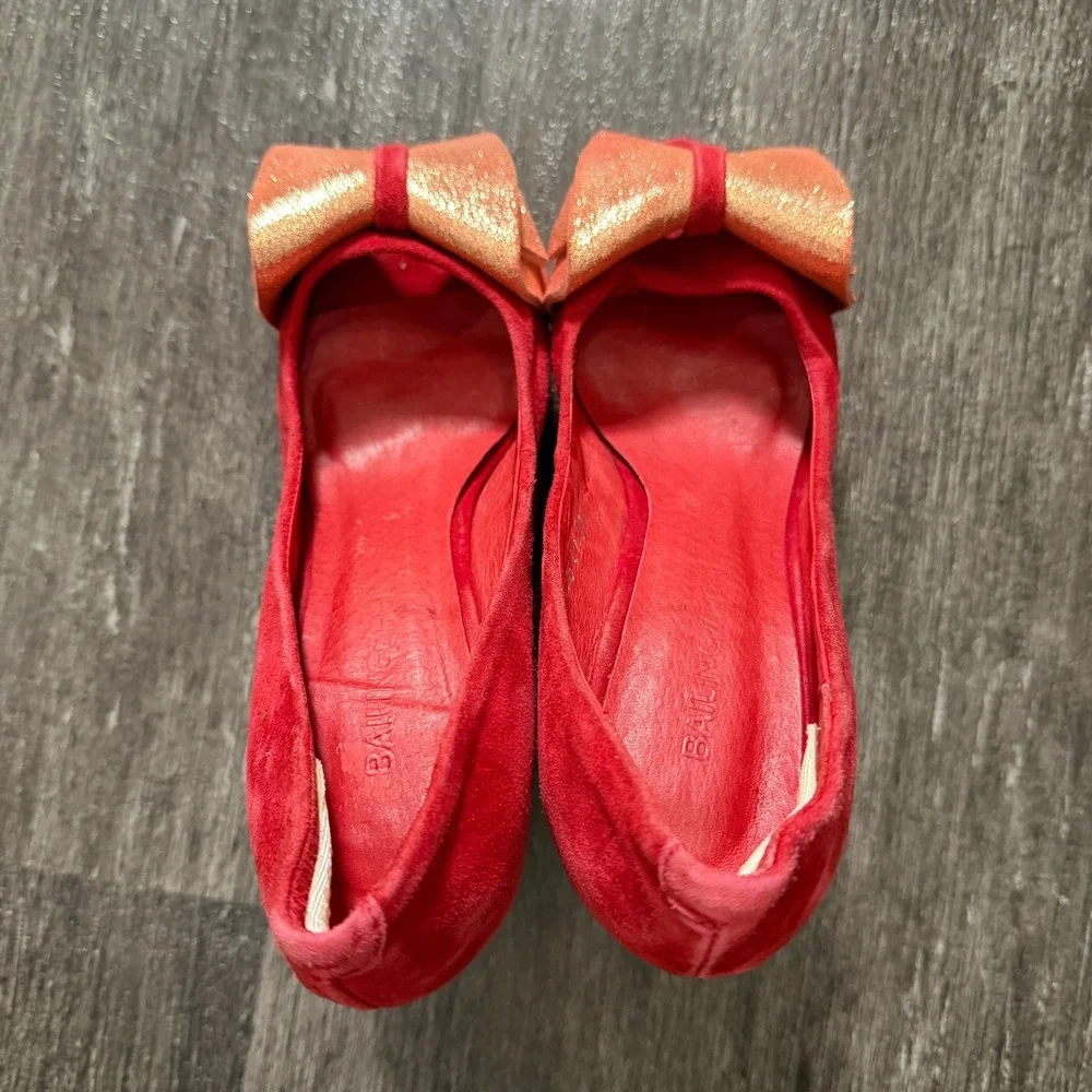Bailing Li Ren Red Suede Platform Heels with Glitter Bow Pumps Women Size 5.5